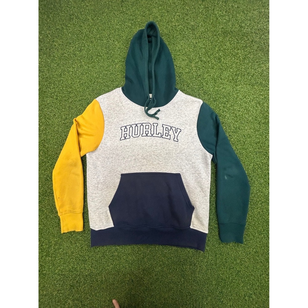 Hurley Mens Colorblock Hoodie Sweatshirt Grey Green Yellow Navy Blue Small